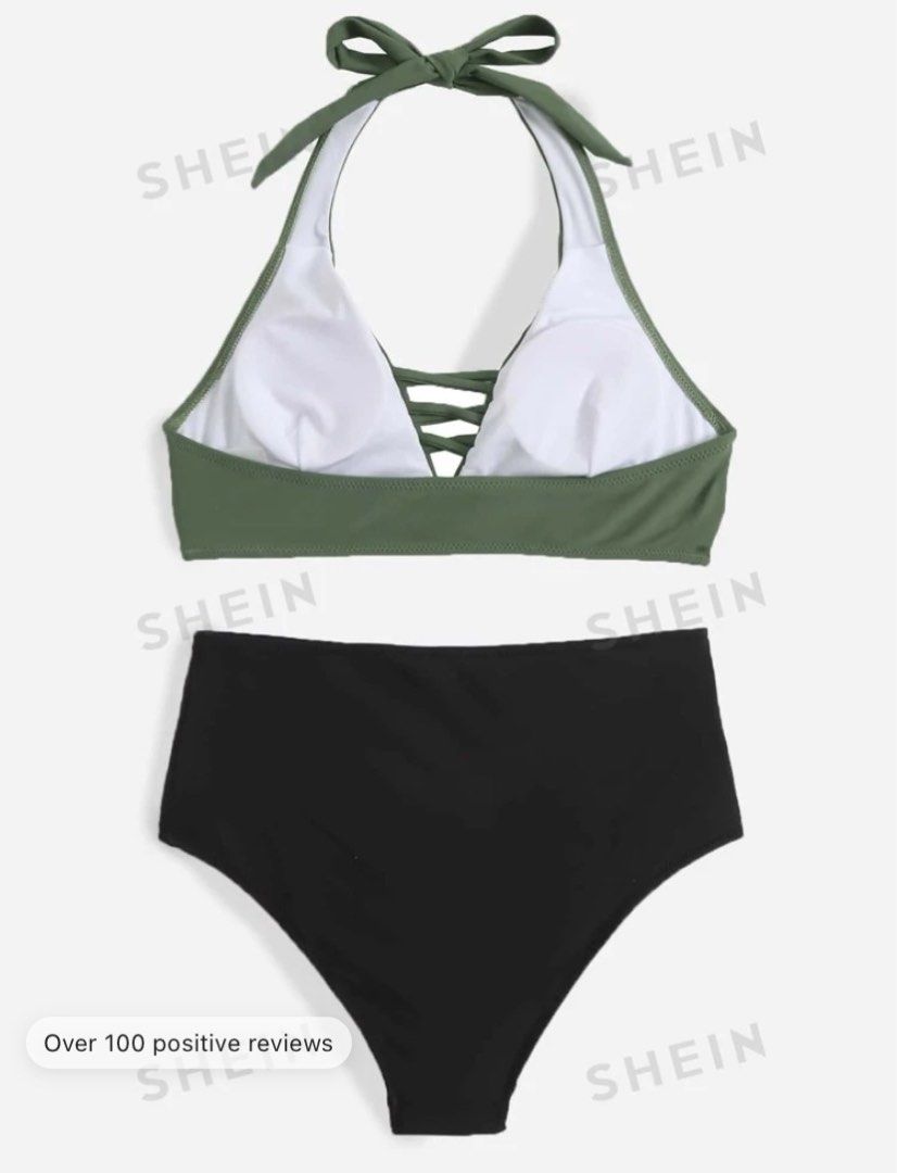 SHEIN high waisted bikini set (Category: Bikinis & Swimsuits) located in Quezon City. Submitted by declutterwithkath (Listing ID 1311745389, Image 2). Description: SHEIN Swim Summer Beach Two Tone Cut Out Halter Wireless Bra Top & Tummy Control High Waist Bikini Bottom 2 Piece Swimsuit Color: Army Green and Black Size: L Condition: 10/10 used once only Bottom type: High Waist Bra type: Wireless Bra Neckline: halter Fabric: high stretch Pad: remov