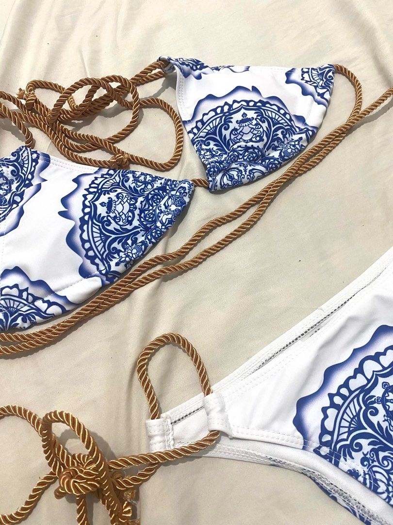 S/M blue and white bikini two piece self tie (Category: Bikinis & Swimsuits) located in Taguig. Submitted by hellomariie (Listing ID 1311752032, Image 3). Description: Brand new.