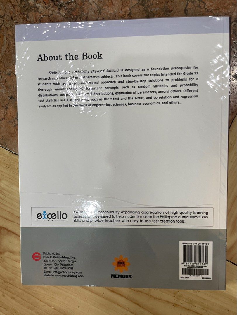 Statistics & Probability Revised Edition | De Guzman & Quintana | C&E Publishing, Inc. | K-12 SHS (Category: Textbooks) located in Paranaque City. Submitted by declutterwtgela (Listing ID 1311753663, Image 2). Description: Item: Statistics & Probability Revised Edition | De Guzman & Quintana | C&E Publishing, Inc. | K-12 SHS Description: With plastic cover. Soft bound. For Senior High students. Statistics Subject. Condition: 10/10 - In excellent 