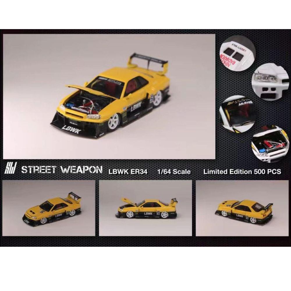 Street Weapon 1/64 Scale Skyline GT-R R34 LBWK Yellow #5 Die-cast Car ...