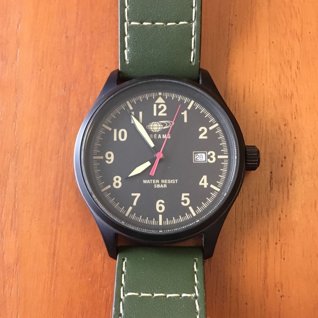 BEAMS x Tic TAC JAPAN Pilot Military Leather Strap Watch Black Army Green iwc mark nato xviii xlarge stussy bape Men s Fashion Watches Accessories Watches on Carousell