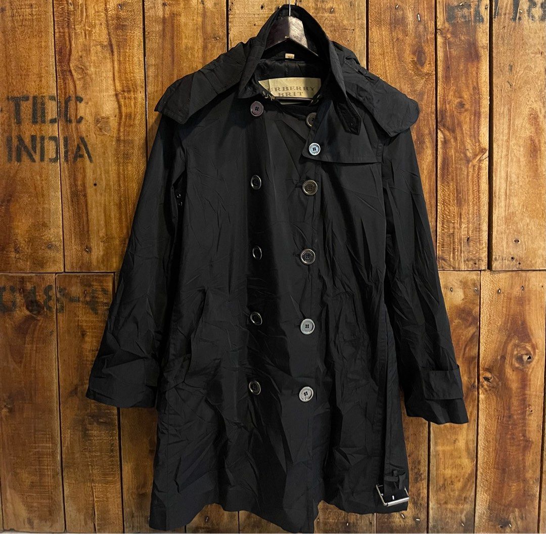 BURBERRY Brit Black Polyester Double Breasted Hooded Trench Coat