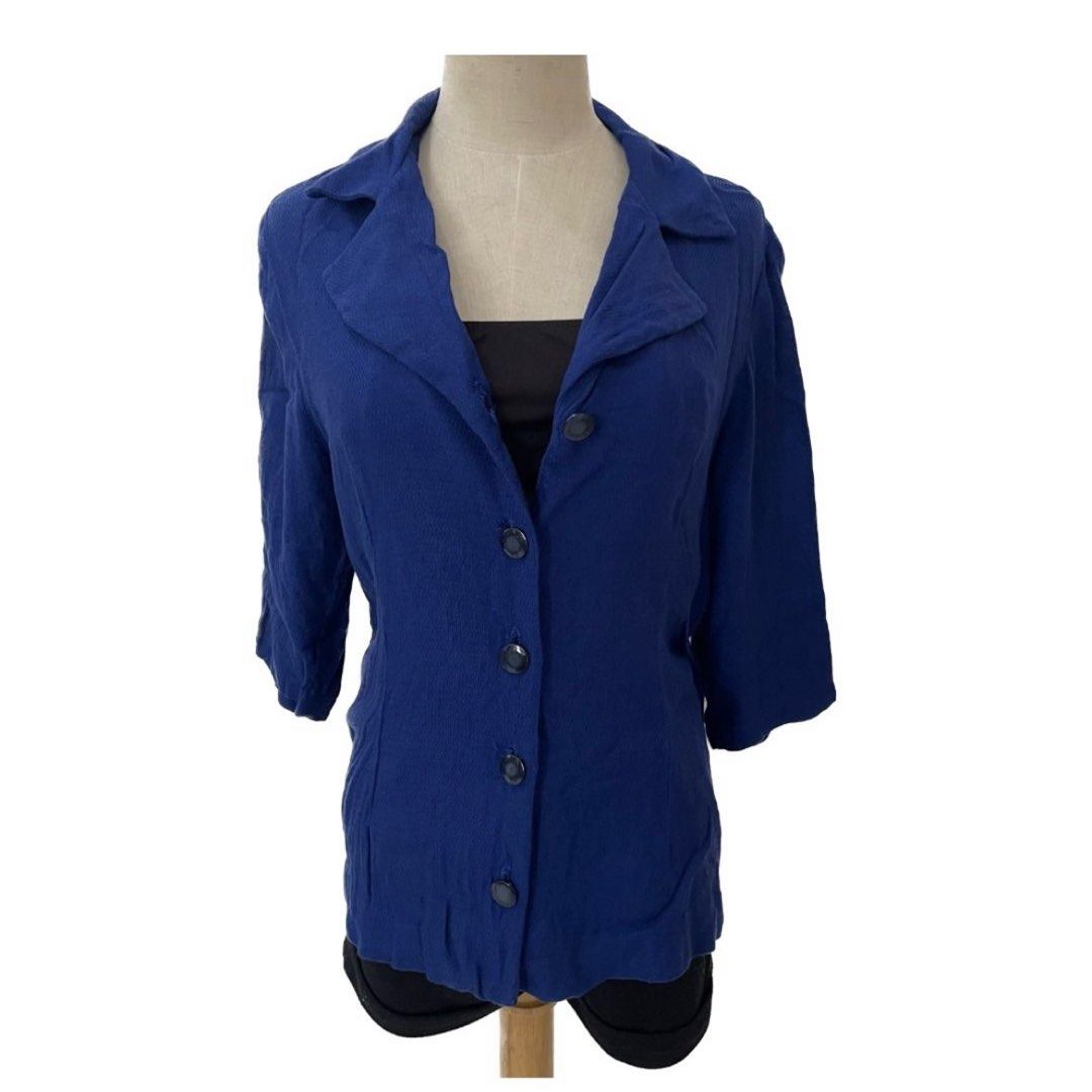CLEARANCE SALE Korean Brand Elegant Classy Stylish Good Quality Dark Blue Button Down Mid Sleeves Curvy Fitted Slim Knitted Cardigan Polo Blazer Blouse Top with Collar Women s Formal Corporate Attire ...