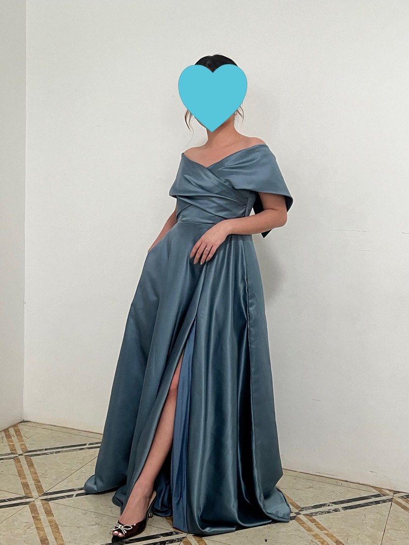 Dusty Blue Duchess Satin Gown (Category: Evening dresses & gowns) located in Taguig. Submitted by intopreloved (Listing ID 1313526867, Image 3). Description: Used only once as a bridesmaid. You can wear this to any occasion or event.🩵🦋 With pocket both sides.🫶.