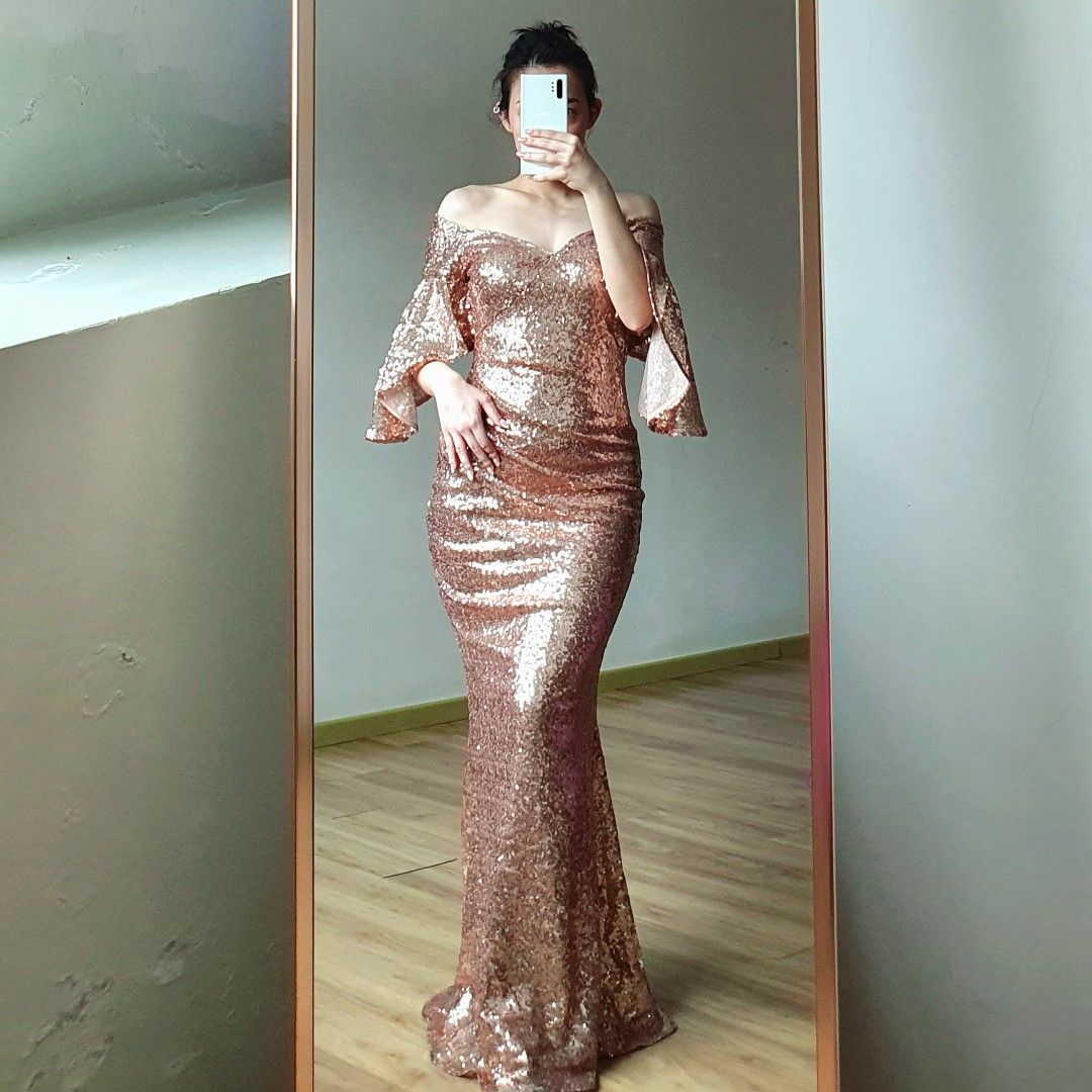 GODDIVA] Sequinned Off Shoulder Flutter Sleeves Golden Dinner Dress,  Women's Fashion, Dresses & Sets, Evening Dresses & Gowns on Carousell