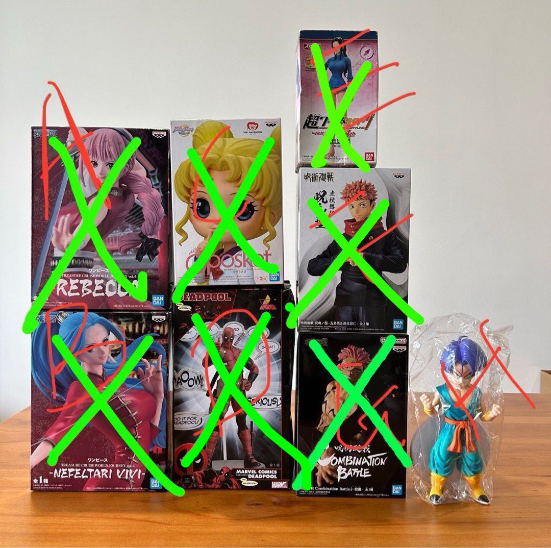 One Piece Jujutsu Kaisen Dragonball Figure Figurines BANDAI NAMCO QPOSKET MARVEL (Rebecca, Vivi, Robin, Sailor Moon, Deadpool, Sukuna, Yuji Itadori, Trunks) (Category: Toy Figures) located in Singapore. Submitted by yourcardcollector (Listing ID 1272097527, Image 2). Description: Note: Box has been opened to check or it has been displayed for a short while. See images for box condition. However, figure is in good condition (no major defects on th