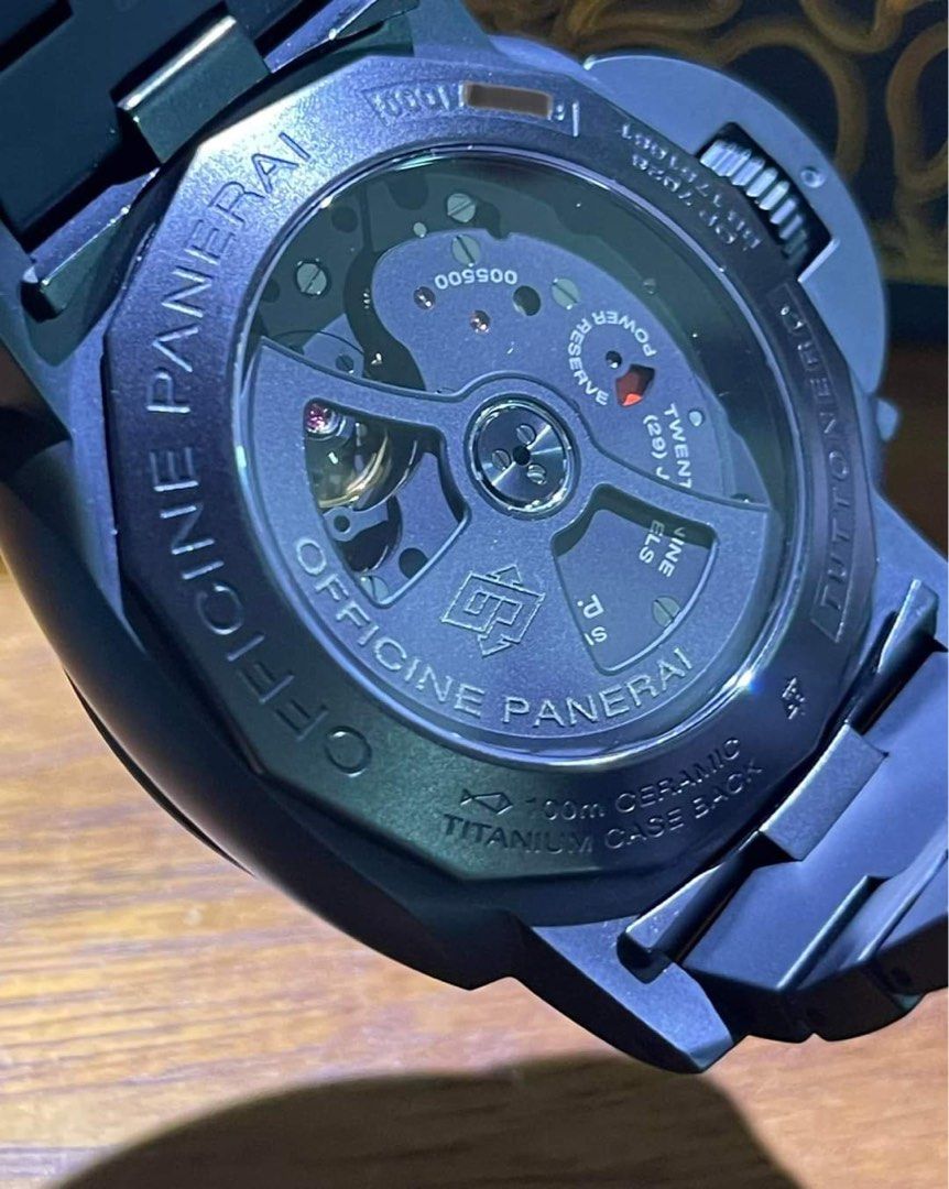 PANERAI (Category: Watches) located in Ajax. Submitted by swisswatcharena (Listing ID 1313510304, Image 3). Description: Brand - PANERAI Model Name - PANERAI PAM 438 LUMINOR GMT CERAMIC Officine Panerai Tuttonero Luminor 1950 Movement - Automatic self-winding movement Year - 2015 Case - Matt black ceramic case cushion shaped case 44.0 mm in diameter. Panerai patented crown protector. Exhibition sapphire case back. Small window is visible in the c