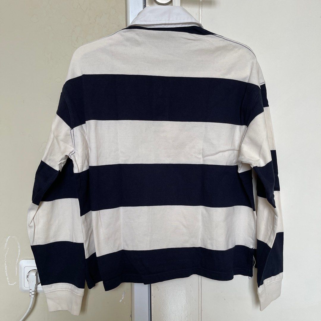Rugby shirt polo top long sleeves blokecore sporty stripes navy white garis  salur atasan baju lengan panjang