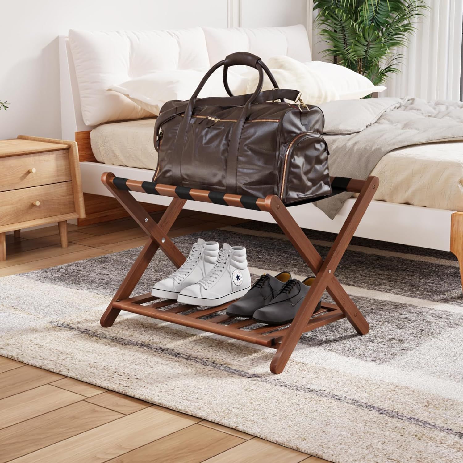 Smuxee Fully Assembled Walnut Luggage Rack Upgraded Bamboo Foldable Suitcase Stand with 5 Nylon Straps Luggage Holder with Shelf for Guest Room Bedroom Hotel Walnut 1 Pcs Furniture Home Living Furnitu...
