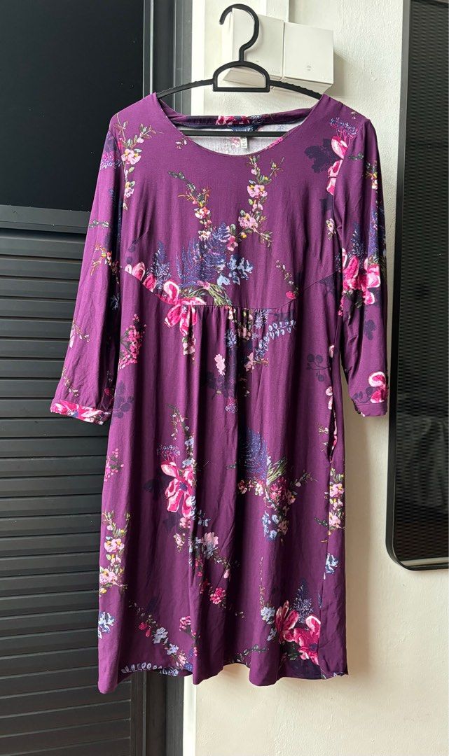 UK8 JOULES Alison plum tunic dress purple pink floral empire knee length suitable for maternity pregnancy pockets long 3 4 length sleeves small work office Women s Fashion Dresses Sets Dresses on Caro...
