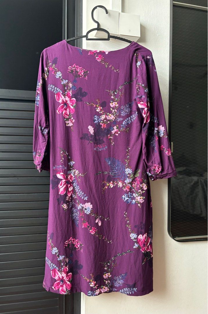 UK8 JOULES Alison plum tunic dress purple pink floral empire knee length suitable for maternity pregnancy pockets long 3 4 length sleeves small work office Women s Fashion Dresses Sets Dresses on Caro...
