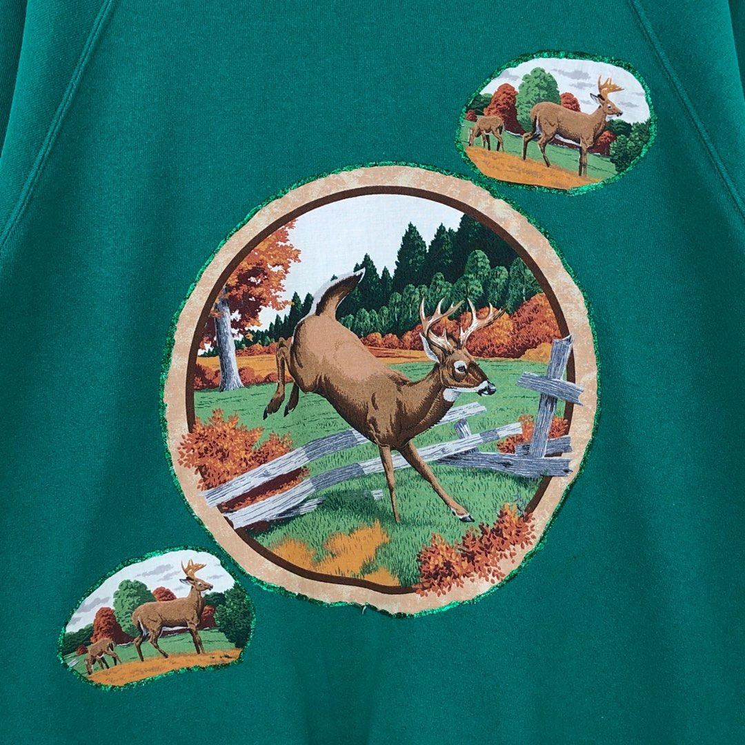 Vintage 90s Deer Animal Big Logo Jerzees Green Sweatshirt USA XL Men s Fashion Tops Sets Hoodies on Carousell