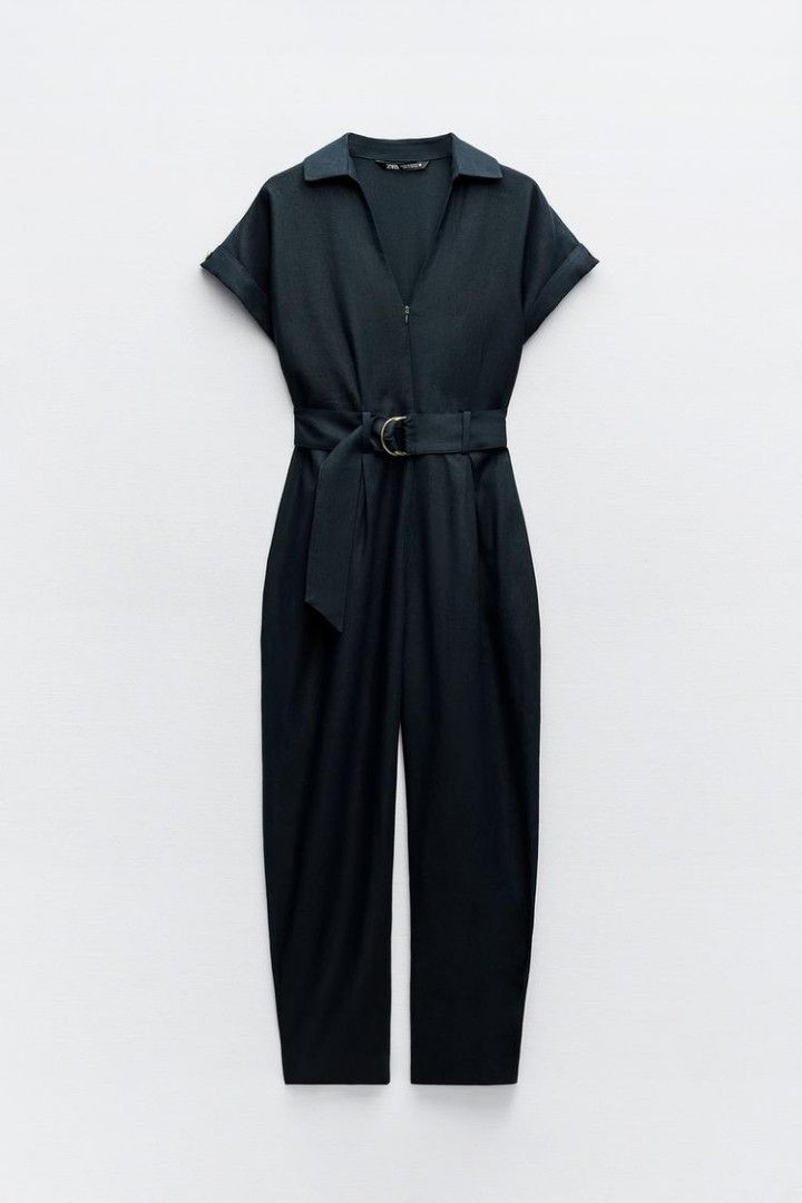 Zara Linen Blend Jumpsuit With Belted Navy Blue, Fesyen Wanita