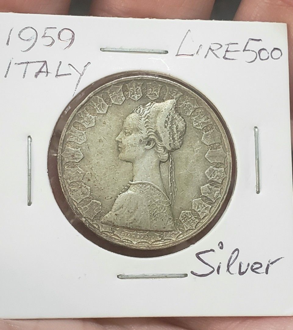 1959年義大利500里拉銀幣直徑29.3毫米, 興趣及遊戲, 收藏品及紀念品, 錢幣- Carousell