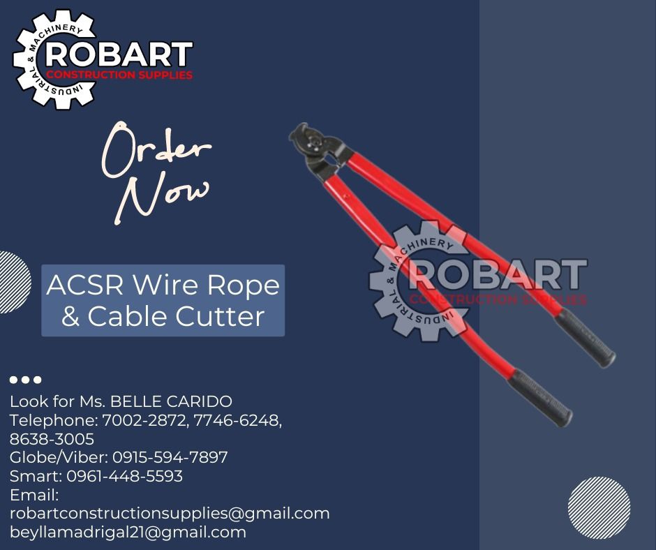 ACSR Wire Rope & Cable Cutter (Category: Construction Tools & Equipment) located in Manila. Submitted by bellarobart (Listing ID 1313686489, Image 1). Description: ACSR Wire Rope & Cable Cutter Brand: DAX Model: TD1001F28 𝑹𝑶𝑩𝑨𝑹𝑻 𝑪𝑶𝑵𝑺𝑻𝑹𝑼𝑪𝑻𝑰𝑶𝑵 𝑺𝑼𝑷𝑷𝑳𝑰𝑬𝑺 #RobartConstructionSupplies #robartph #constructionmaterials #industrialsupply Office Address: 1405 Yuseco St. Sta Cruz Manila SEND US MESSAGE FOR INQUIRIES ‼️‼️ 🔵100% Trus