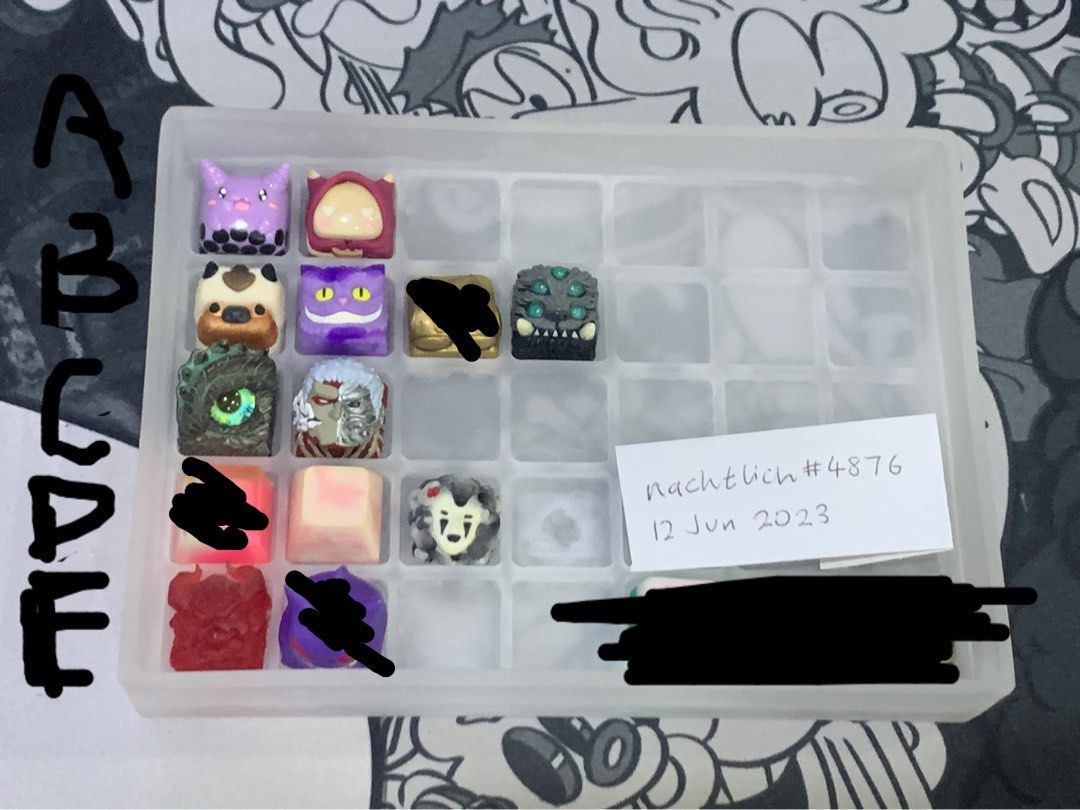 Assorted Artisan Keycaps (Category: Computer Keyboard) located in Singapore. Submitted by naechtlich (Listing ID 1237124248, Image 1). Description: Please refer to price list below: A1: Deagcaps Taro Boba Bean - $80 A2: Deagcaps Bordeaux Miru (blindbox) - $100 B1: Zouabi Caps OG Flying Bison - $60 B2: Systematik Kaps OG Cheshire V2 - $60 B4: Playdd Keycaps Wendigo Si-Hu-Ha-Ta - $50 C1: AC Keycaps Patina Amaranthine Dragon - sold C2: Zerosky Keyca