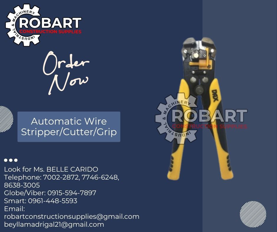 Automatic Wire Stripper/Cutter/Grip (Category: Construction Tools & Equipment) located in Manila. Submitted by bellarobart (Listing ID 1313689394, Image 1). Description: Automatic Wire Stripper/Cutter/Grip Brand: DAX Model: WS108 G10 - G24 ( 0.5, 1.2, 1.6, 2, 2.6 & 3.2 ) 𝑹𝑶𝑩𝑨𝑹𝑻 𝑪𝑶𝑵𝑺𝑻𝑹𝑼𝑪𝑻𝑰𝑶𝑵 𝑺𝑼𝑷𝑷𝑳𝑰𝑬𝑺 #RobartConstructionSupplies #robartph #constructionmaterials #industrialsupply Office Address: 1405 Yuseco St. Sta Cruz Man