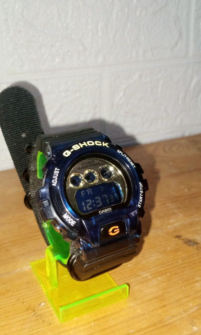 Casio G Shock dw 6900 BBN custom jelly blue face plate gold strap NATO all original all normal Barang Yang Dicari di Carousell