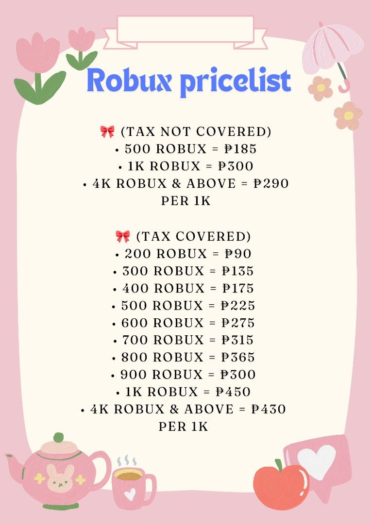 Discounted Robux || Roblox (Category: Others) located in Tarlac. Submitted by ereshkigalvtsky (Listing ID 1313773252, Image 1). Description: — Check our pricelist. We'll send the robux via 'GamePass'. — Video Tutorial is free if you don't know how to create gamepass, we will guide you. — accepting gcash, paypal, wise, amazon gift card..