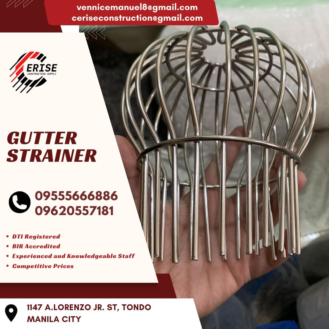 FOR SALE gutter strainer (Category: Construction & Building Materials) located in Manila. Submitted by vlmhardwarevennice (Listing ID 1313757536, Image 1). Description: 2" 3" 4" CERISE CONSTRUCTION SUPPLY Look for MS.VEE for inquiries, Office located at 1147ALORENZO ST ABAD SANTOS TONDO MNL satellite office at imus cavite.
