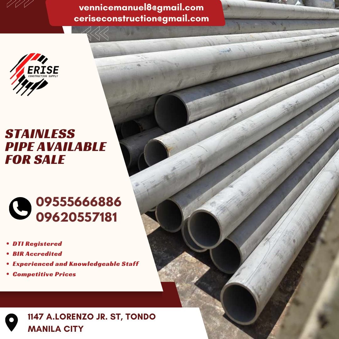 FOR SALE Stainless pipe (Category: Construction & Building Materials) located in Manila. Submitted by vlmhardwarevennice (Listing ID 1313766901, Image 2). Description: CERISE CONSTRUCTION SUPPLY Look for MS.VEE for inquiries, Office located at 1147ALORENZO ST ABAD SANTOS TONDO MNL satellite office at imus cavite.