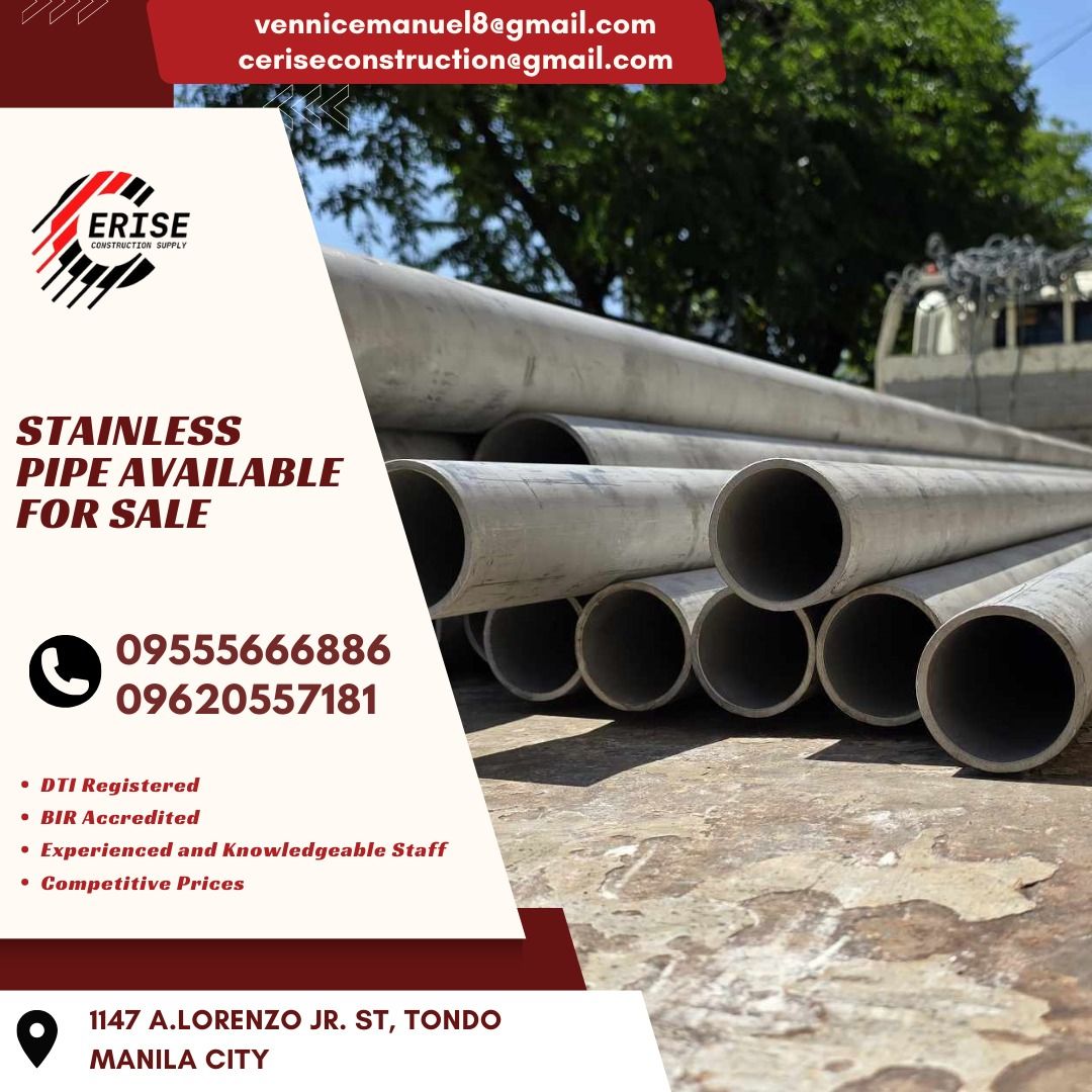 FOR SALE Stainless pipe (Category: Construction & Building Materials) located in Manila. Submitted by vlmhardwarevennice (Listing ID 1313766901, Image 1). Description: CERISE CONSTRUCTION SUPPLY Look for MS.VEE for inquiries, Office located at 1147ALORENZO ST ABAD SANTOS TONDO MNL satellite office at imus cavite.