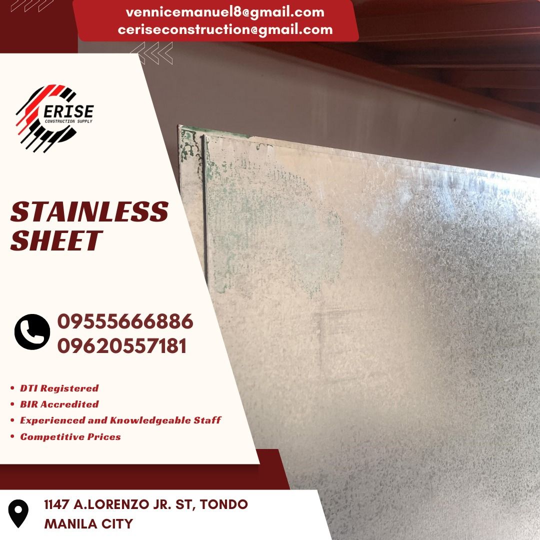 FOR SALE stainless sheet (Category: Construction & Building Materials) located in Manila. Submitted by vlmhardwarevennice (Listing ID 1313768517, Image 2). Description: CERISE CONSTRUCTION SUPPLY Look for MS.VEE for inquiries, Office located at 1147ALORENZO ST ABAD SANTOS TONDO MNL satellite office at imus cavite.