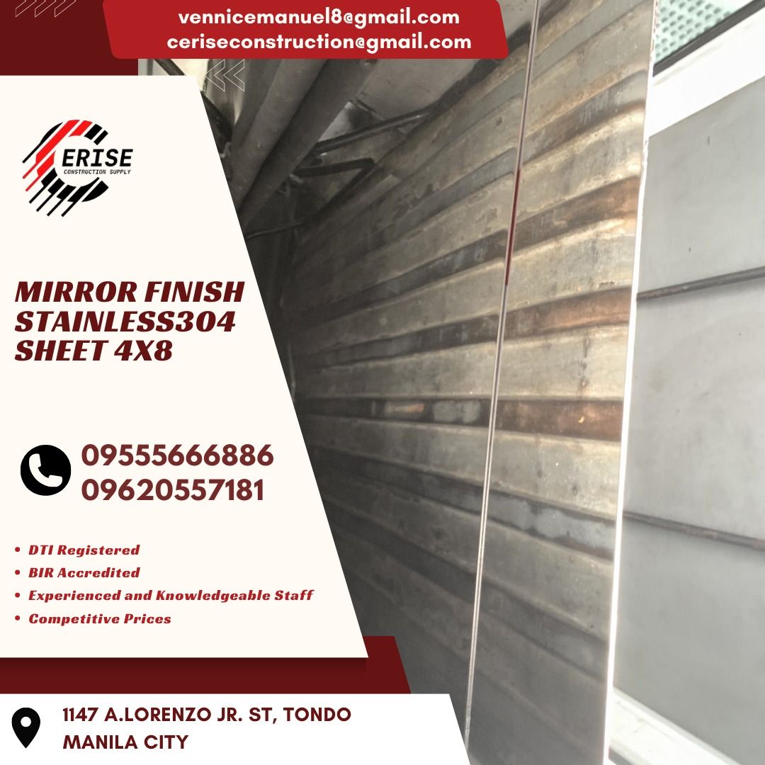 FOR SALE stainless sheet mirror finish (Category: Construction Tools & Equipment) located in Manila. Submitted by vlmhardwarevennice (Listing ID 1313768695, Image 1). Description: CERISE CONSTRUCTION SUPPLY Look for MS.VEE for inquiries, Office located at 1147ALORENZO ST ABAD SANTOS TONDO MNL satellite office at imus cavite.