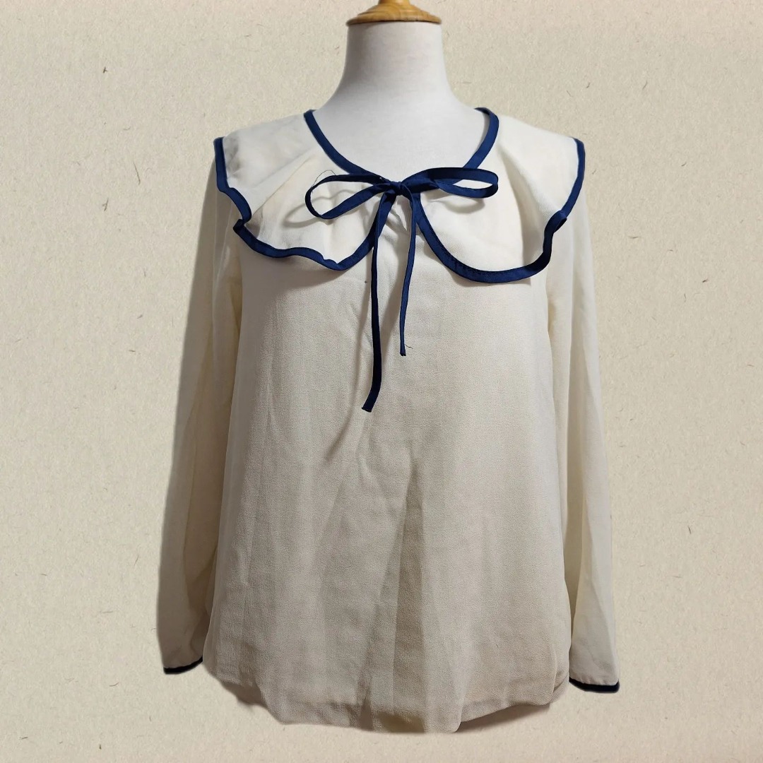 FORMAL CREAM BLUE RIBBON TOP, Women's Fashion, Tops, Blouses on Carousell