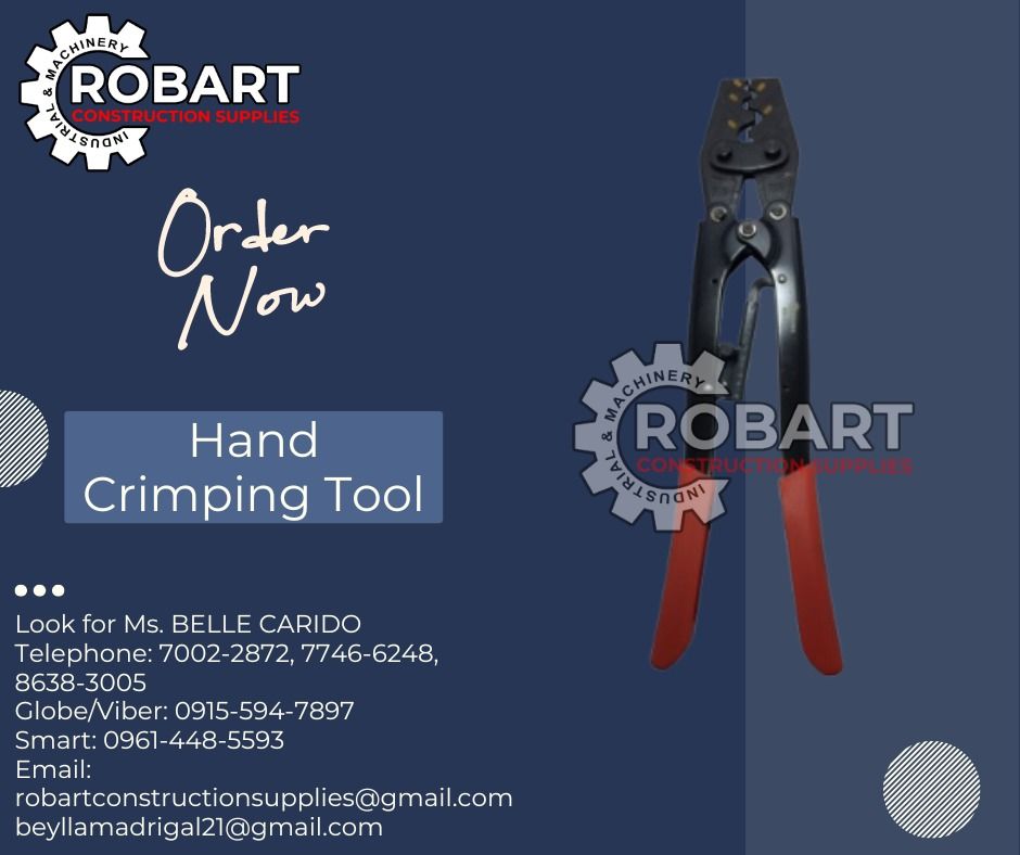 Hand Crimping Tool (Category: Construction Tools & Equipment) located in Manila. Submitted by bellarobart (Listing ID 1313680521, Image 1). Description: Hand Crimping Tool Brand: Showa Model: HD-50L 5.5 - 50mm²( AWG 10-1/0 ), Indent crimping 𝑹𝑶𝑩𝑨𝑹𝑻 𝑪𝑶𝑵𝑺𝑻𝑹𝑼𝑪𝑻𝑰𝑶𝑵 𝑺𝑼𝑷𝑷𝑳𝑰𝑬𝑺 #RobartConstructionSupplies #robartph #constructionmaterials #industrialsupply Office Address: 1405 Yuseco St. Sta Cruz Manila SEND US MESSAGE FOR INQUIR