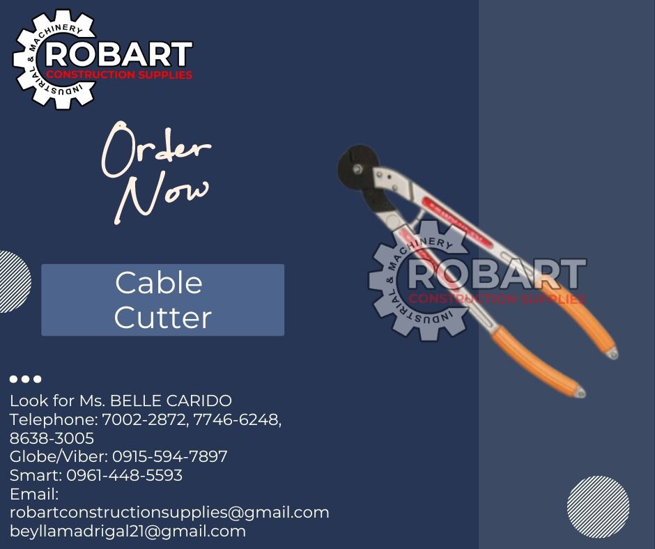 M Cable Cutter (Category: Construction Tools & Equipment) located in Manila. Submitted by bellarobart (Listing ID 1313681526, Image 1). Description: Cable Cutter Brand: M Model: MI-200 Wire rope 9mm Copper 14mm 𝑹𝑶𝑩𝑨𝑹𝑻 𝑪𝑶𝑵𝑺𝑻𝑹𝑼𝑪𝑻𝑰𝑶𝑵 𝑺𝑼𝑷𝑷𝑳𝑰𝑬𝑺 #RobartConstructionSupplies #robartph #constructionmaterials #industrialsupply Office Address: 1405 Yuseco St. Sta Cruz Manila SEND US MESSAGE FOR INQUIRIES ‼️‼️ 🔵100% Trusted Supplie