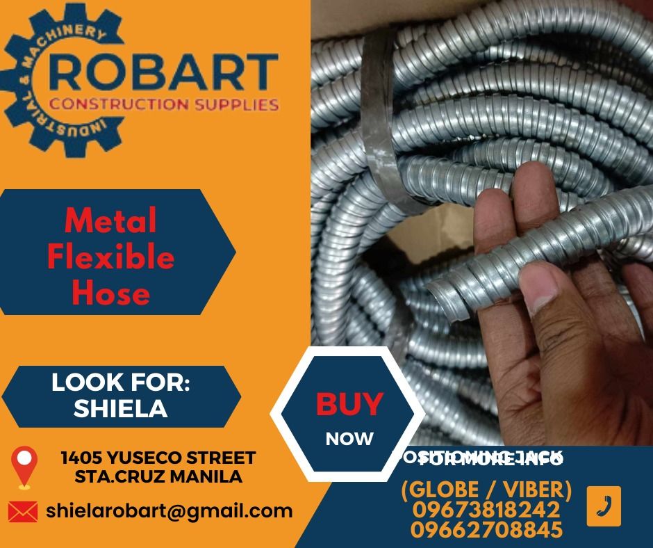 Metal Flexible Hose (Category: Construction Tools & Equipment) located in Caloocan City. Submitted by shielaroba44709 (Listing ID 1313635817, Image 1). Description: Metal Flexible Hose Size: 1/2 SEND US MESSAGE FOR INQUIRIES ‼️‼️ Call: 09673818242 / 09662708845 Landline: 8636-3005 / 7746-6248 / 7002-2872 Look For: Shiela Robart Email: shielarobart@gmail. com robartconstructionsupplies@gmail. com 🔵100% Trusted Supplier 🔵Competitive Price 🔵𝑾𝒆 