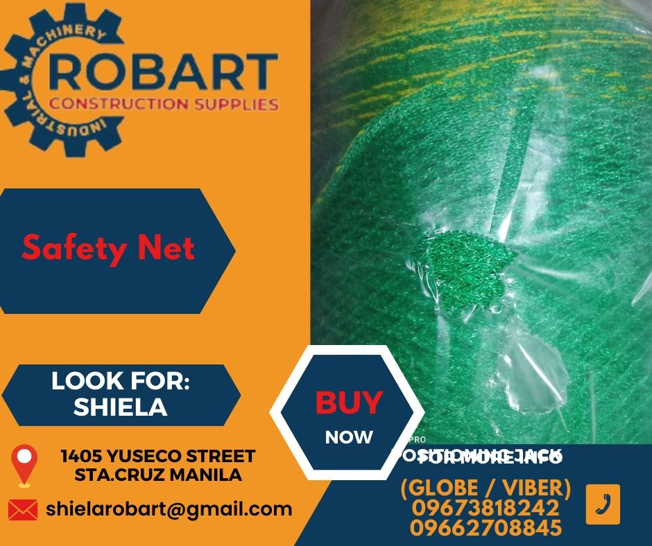 Safety Net (Category: Construction Tools & Equipment) located in Caloocan City. Submitted by shielaroba44709 (Listing ID 1313639619, Image 1). Description: Safety Net Size: 3/8" x 2m x 90mtrs 1 roll SEND US MESSAGE FOR INQUIRIES ‼️‼️ Call: 09673818242 / 09662708845 Landline: 8636-3005 / 7746-6248 / 7002-2872 Look For: Shiela Robart Email: shielarobart@gmail. com robartconstructionsupplies@gmail. com 🔵100% Trusted Supplier 🔵Competitive Price 🔵�
