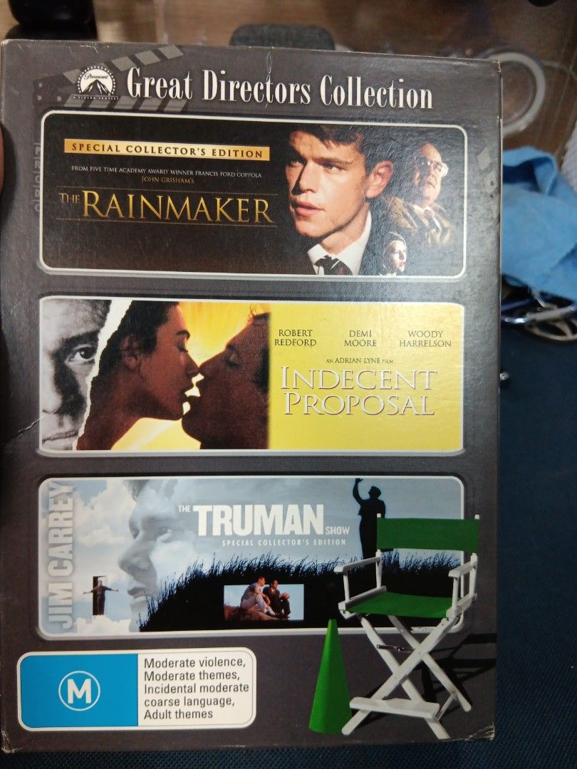 The Great Directors Col , Rainmaker, Indecent Proposal, Truman (Category: CDs & DVDs) located in Manila. Submitted by ayinong0453384 (Listing ID 1313652871, Image 1). Description: 3cd collection in excellent condition mint still with box pm for order.