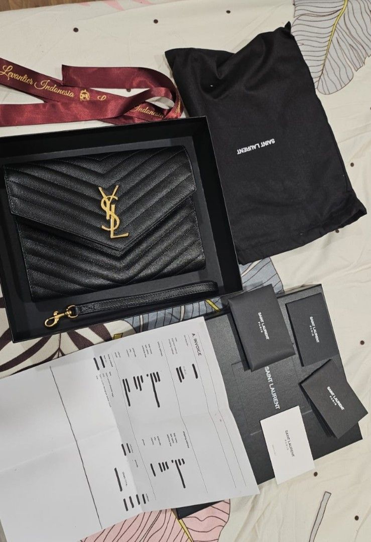 Ysl monogram leather clutch black GHW Saint Laurent, Barang Mewah