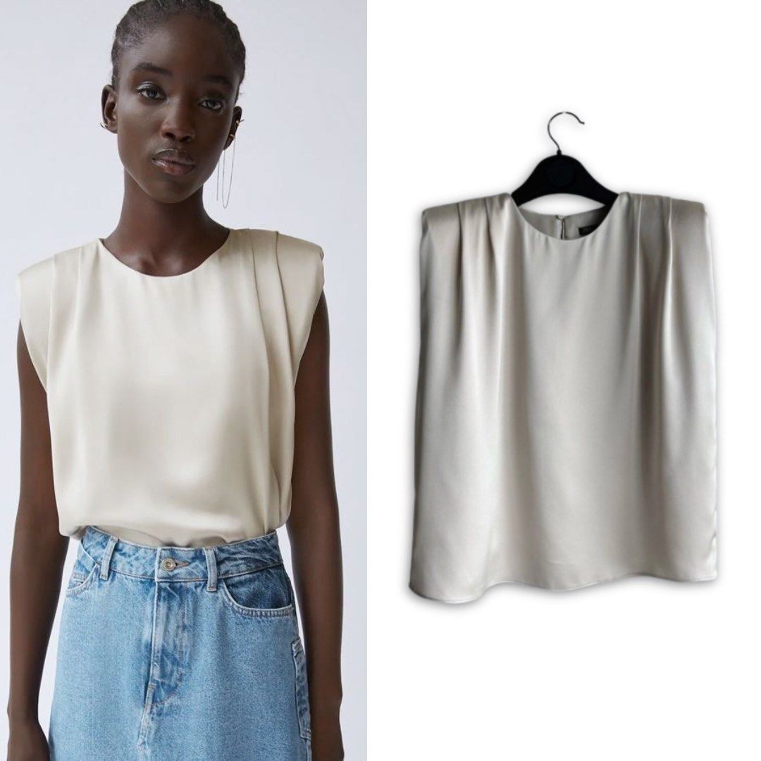 Zara satin top with shoulder pads hotsell
