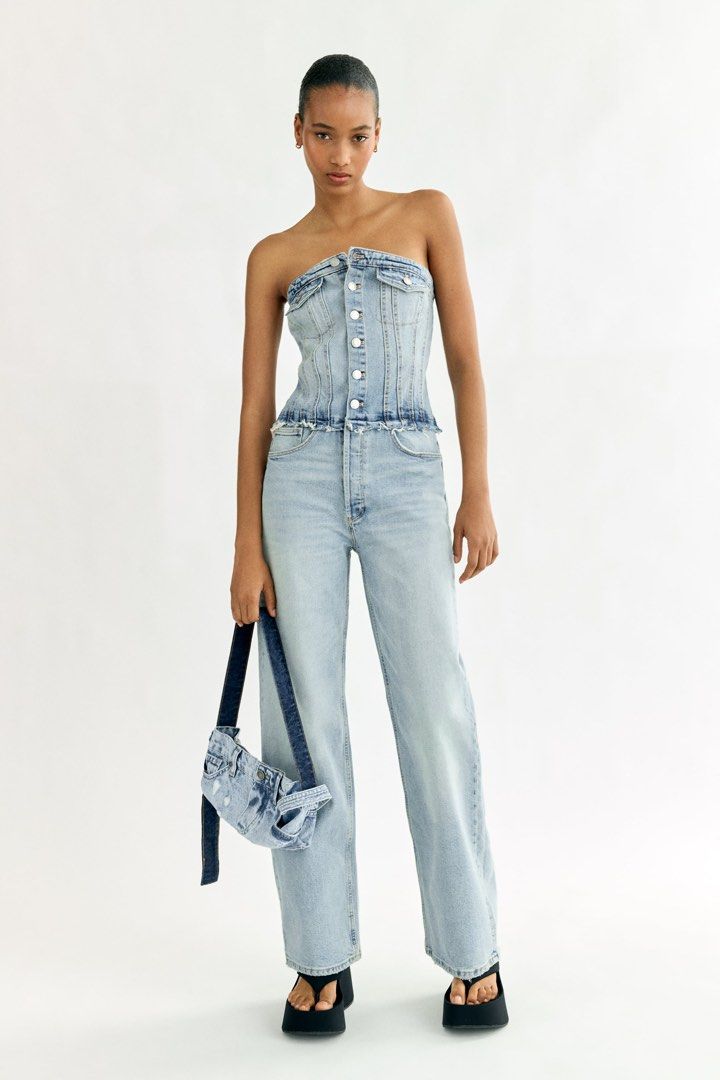 Zara strapless Denim jumpsuit, Women's Fashion, Dresses Sets