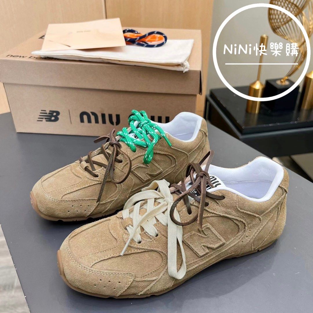 代購MiuMiu x New Balance NB530 530SL xxx 麂皮拼網眼運動鞋聯名款淺卡其色潮鞋, 預購在旋轉拍賣