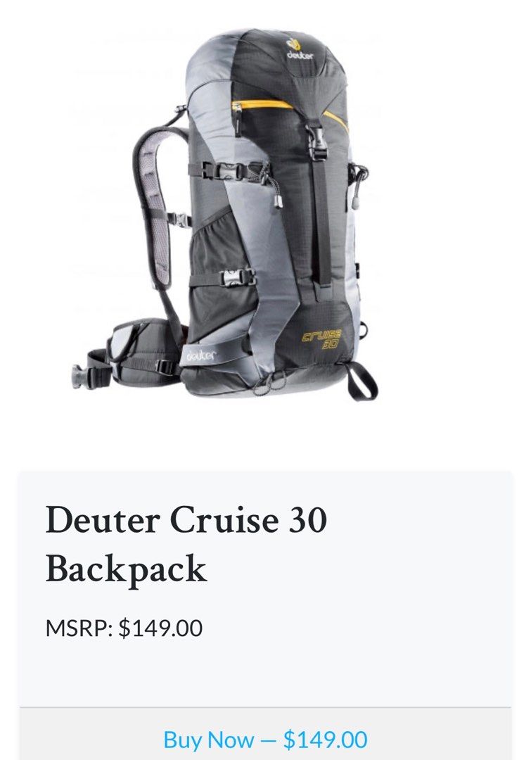 (Repriced) Deuter Cruise 30 Backpack (Category: Backpacks) located in Manila. Submitted by dlorne (Listing ID 1313927692, Image 3). Description: Not been used but tagging as like new since it’s just been stored. SRP: $150 (around 8,700 pesos) Product Description: The Cruise 30 is a practical and comfortable pack for daily adventures in the mountains. On the front you’ll find an asymmetrical zipper leading to an organizational pocket for snow safe