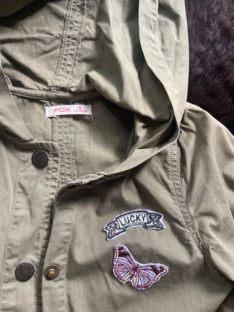 FOX GIRLS Hoodie with Buttons Military Green For Age 8 Yo Babies Kids Babies Kids Fashion on Carousell