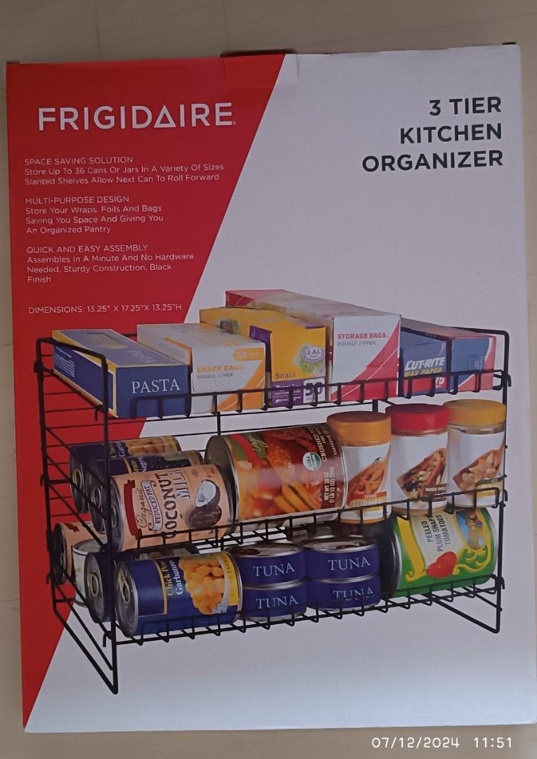 Frigidaire 3 Tier Kitchen Organizer (Category: Storage Boxes & Baskets) located in Manila. Submitted by spktrader (Listing ID 1313823613, Image 1). Description: Frigidaire 3 Tier Kitchen Organizer Space saving solution Store up to 36 cans or jars in a variety of sizes Slanted shelves allow next can to roll forward Dimensions: 13.25" x 17.25" x 13.25"H Mop BDO or gcash Sf c/o buyer.