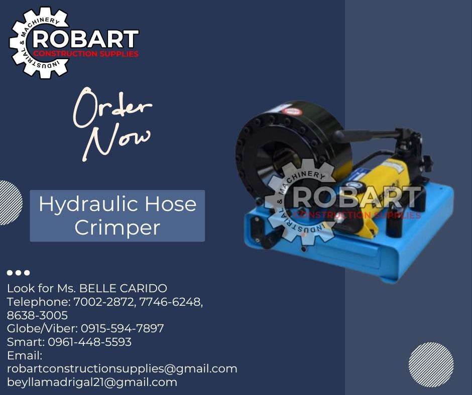 Hydraulic Hose Crimper (Category: Construction Tools & Equipment) located in Manila. Submitted by bellarobart (Listing ID 1313811844, Image 1). Description: Hydraulic Hose Crimper Brand: Showa Model: W-P16HP Crimping range: 3/16 - 1" Crimping force: 95ton Manual ENERPAC hand pump Weight: 26kgs 𝑹𝑶𝑩𝑨𝑹𝑻 𝑪𝑶𝑵𝑺𝑻𝑹𝑼𝑪𝑻𝑰𝑶𝑵 𝑺𝑼𝑷𝑷𝑳𝑰𝑬𝑺 #RobartConstructionSupplies #robartph #constructionmaterials #industrialsupply Office Address: 1405 