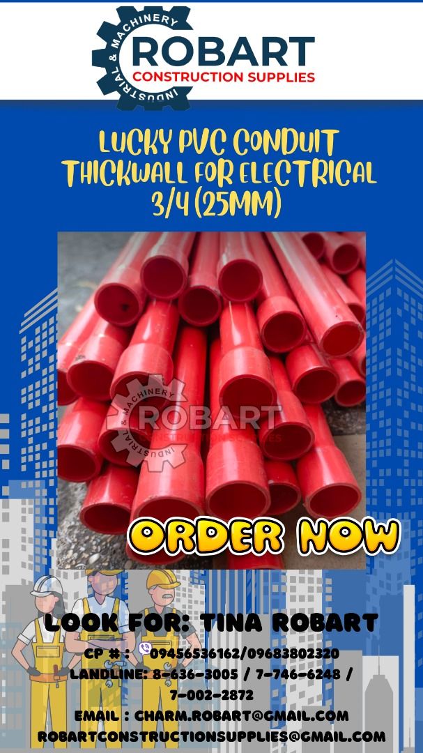 Lucky PVC Conduit ThickWall for Electrical 3/4 (25mm) (Category: Construction & Building Materials) located in Manila. Submitted by tina.sales (Listing ID 1313853748, Image 1). Description: Lucky PVC Conduit ThickWall for Electrical 3/4 (25mm) ₱165 SEND US MESSAGE FOR INQUIRIES ‼️‼️ ~~TINA ROBART~~ 0 9 4 5 6 5 3 6 1 6 2 0 9 6 8 3 8 0 2 3 2 0 LANDLINE: 8 6 3 6 3 0 0 5 / 7 7 4 6 6 2 4 8 / 7 0 0 2 2 8 7 2 EMAIL : c h a r m.r o b ar t @ g m a i l.c o