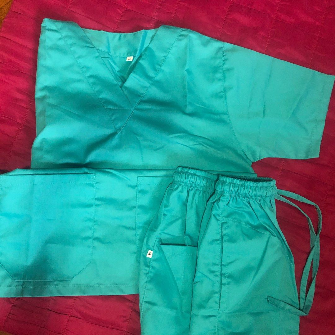 Scrubs nursing caregiver set uniform (Category: Sets or Coordinates) located in Las Pinas. Submitted by stuffythings (Listing ID 1313899242, Image 2). Description: New scrubs Yaya maid katulong uniform Medium Size Teal Color Top has 2 front hand pocket Shoulder 15.5, Length 26, Chest 40 Pants has 2 pocket Waist 26-33 gartered with ribbon, length 36, hips 40 One item On hand 👍🏻Php399 Meet up= SM/ Robinsons Las Pinas.