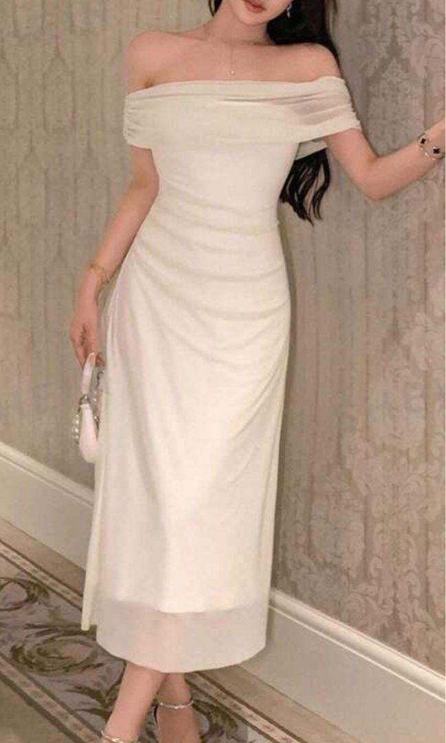 slim fit dress slacks Elegant Off-Shoulder White Satin Tea-Length Prom Dress: Chic Formal  Graduation Homecoming Gown