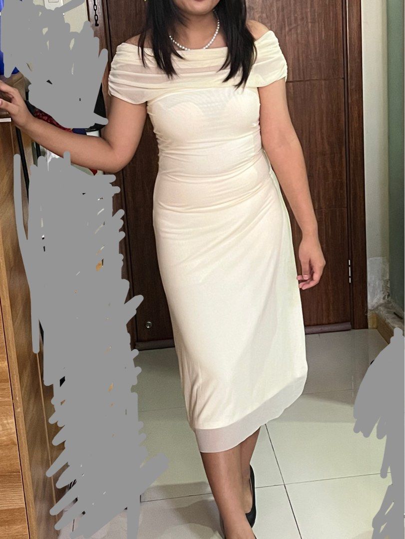 White Off Shoulder Mesh Overlay Graduation Dress, Women's Fashion, Dresses  & Sets, Dresses on Carousell