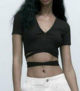 zara ribbed top with tied detail