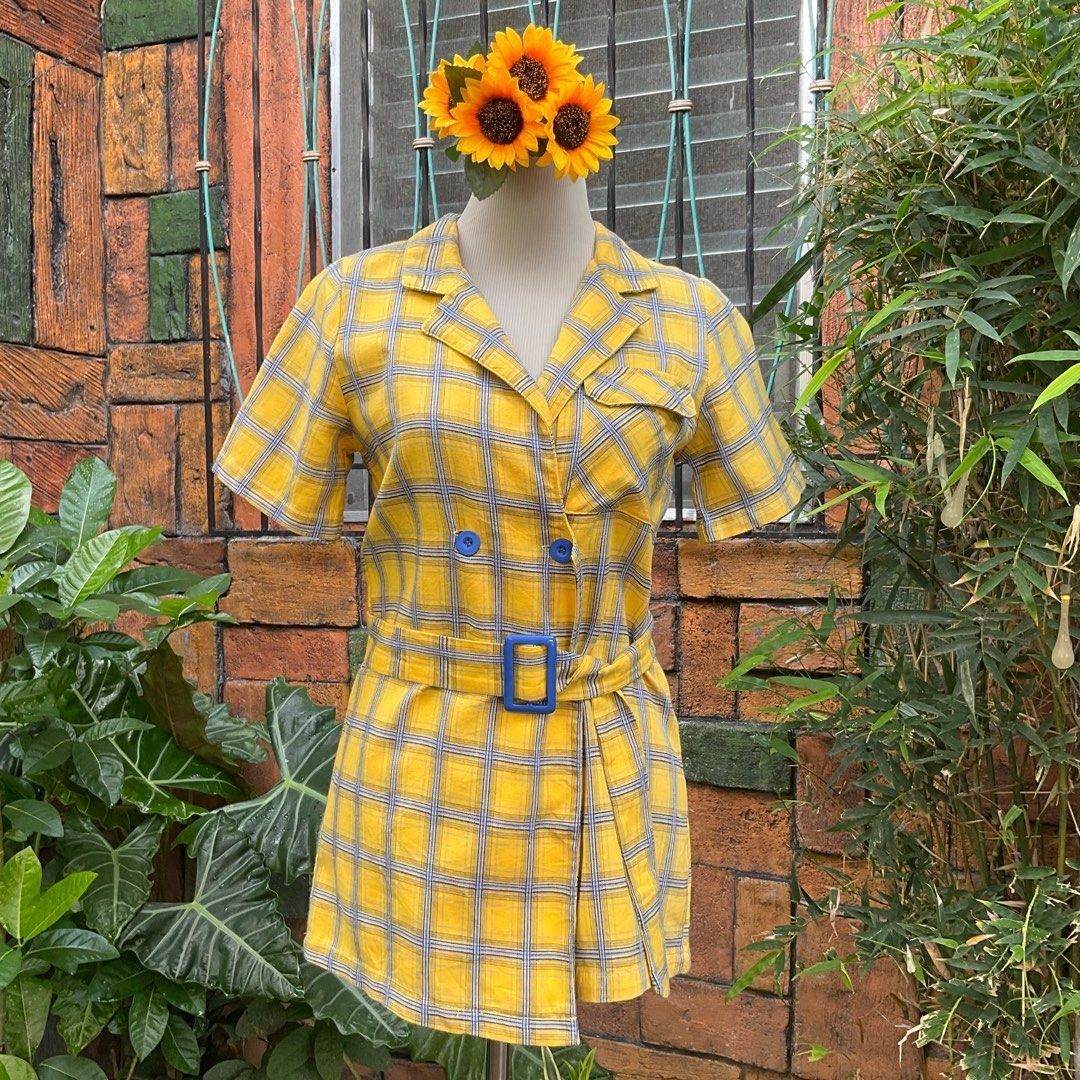 ETHAN BLOCK yellow plaid romper Romper yellow blue women s overall romper with removable belt v neck romper gingham yellow errands romper Size Small runs up to medium Filipina size Women s Fashion