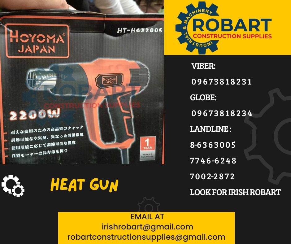 heat gun (Category: Construction Tools & Equipment) located in Manila. Submitted by irishrobart_22 (Listing ID 1313998128, Image 1). Description: heat gun brand: hoyoma 2200 watts SEND US MESSAGE FOR INQUIRIES ‼️‼️ LOOK FOR IRISH ROBART VBR : 0 9 6 7 3 8 1 8 2 3 1/ 0 9 6 7 3 8 1 8 2 3 4 LANDLINE 8-6 3 6 3 0 0 5 / 7 7 4 6 -6 2 4 / 7 0 0 2-2 8 7 2 GMAIL: I R I S H R O B A R T @ G M A I L . C O M Office Address: 1405 Yuseco St. Sta Cruz Manila 𝑹𝑶�