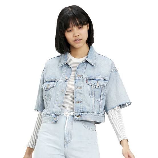 Levi's Crop Dad Trucker Jacket Blue Dression, Fesyen Wanita